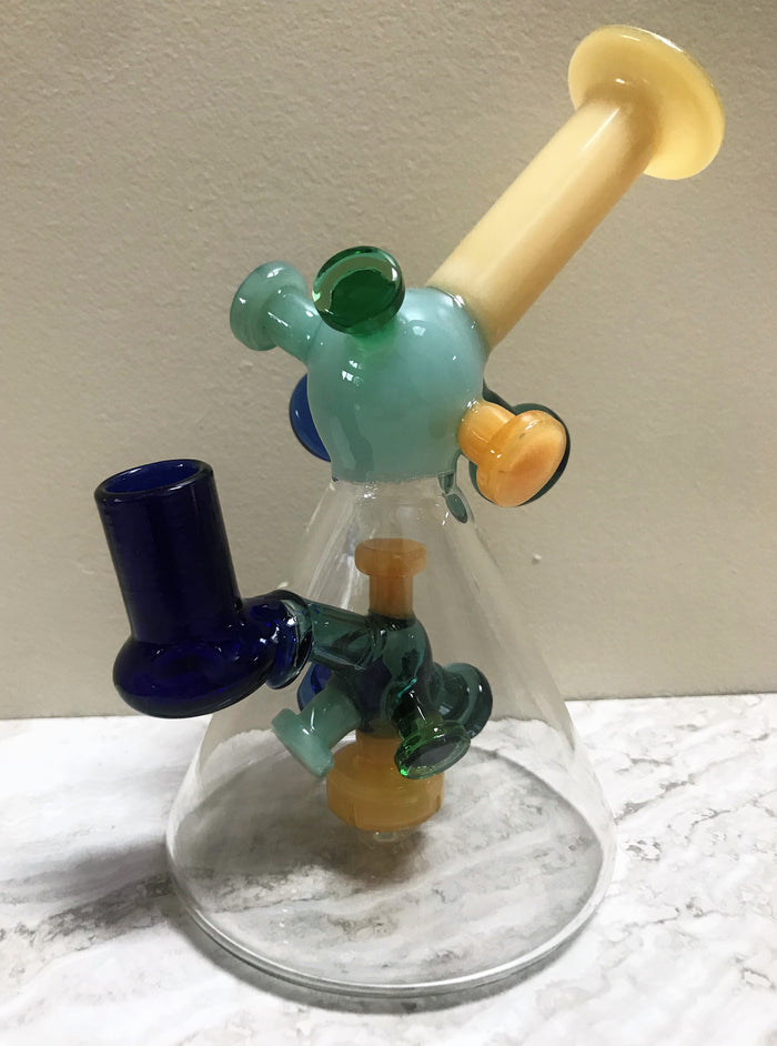 Collectible 6.5" Glass Beaker Rig with Shower Perc in Architectural Design & 2 - 14mm Slide Bowls
