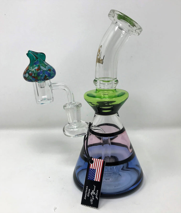 Collectible! 8" High Med Glass Beaker/Rig  w/Shower Perc, Quartz Banger & Carb Cap - Green, Pink, Purple