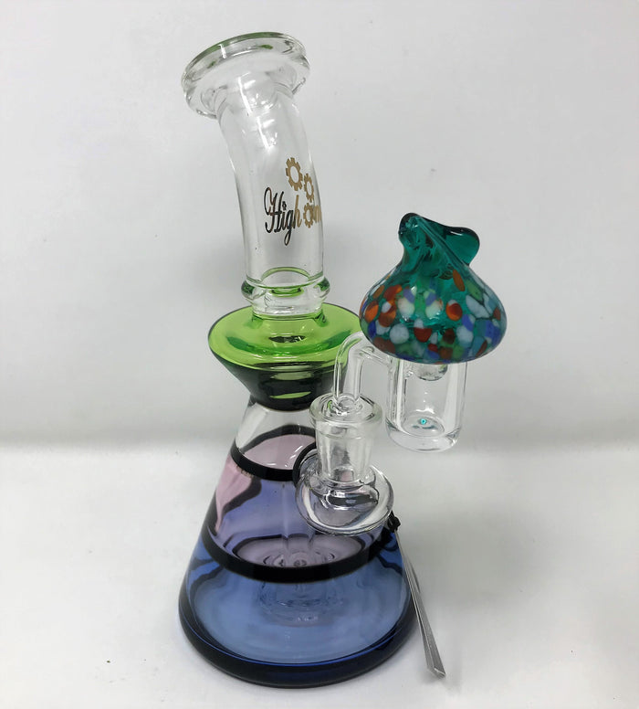 Collectible! 8" High Med Glass Beaker/Rig  w/Shower Perc, Quartz Banger & Carb Cap - Green, Pink, Purple