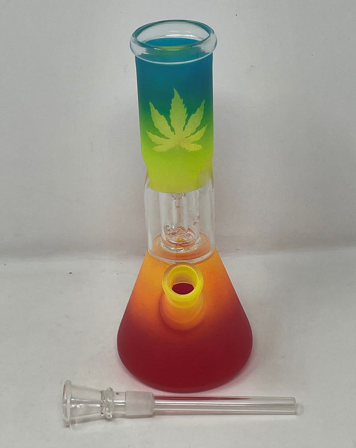 Colorful 8" Glass Beaker Bong featuring Marijuana Leaf Design & Downstem with Bowl