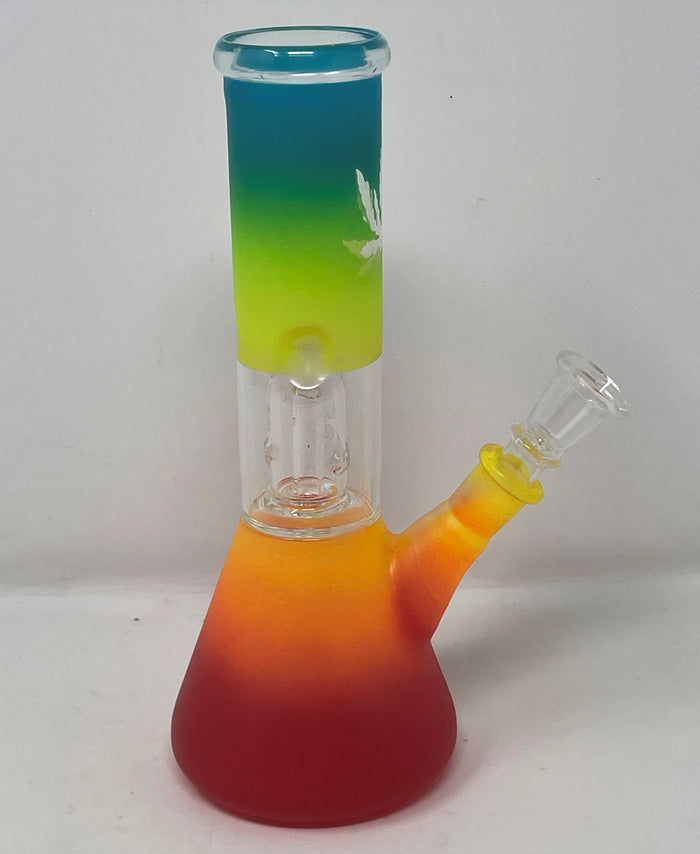 Colorful 8" Glass Beaker Bong featuring Marijuana Leaf Design & Downstem with Bowl