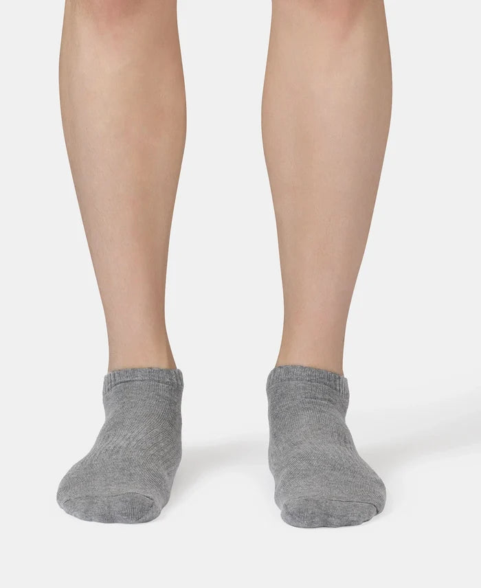 Compact Cotton Elastane Stretch Low Show Socks With StayFresh Treatment - Navy, Grey Melange & Stellar (Pack of 3)