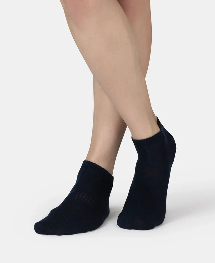 Compact Cotton Elastane Stretch Low Show Socks With StayFresh Treatment - Navy, Grey Melange & Stellar (Pack of 3)