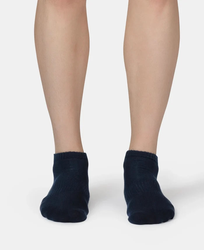 Compact Cotton Elastane Stretch Low Show Socks With StayFresh Treatment - Navy, Grey Melange & Stellar (Pack of 3)