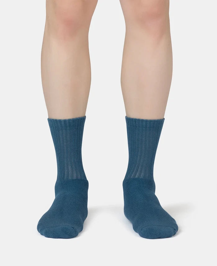Compact Cotton Terry Crew Length Socks With StayFresh Treatment - Navy, Grey Melange & Stellar (Pack of 3)