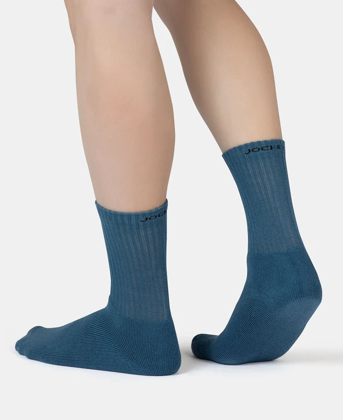Compact Cotton Terry Crew Length Socks With StayFresh Treatment - Navy, Grey Melange & Stellar (Pack of 3)