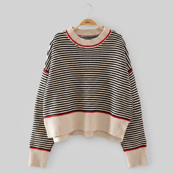 Contrast Trim Stripe Knit Sweater (2 Color) - 260 Broadway Boutique