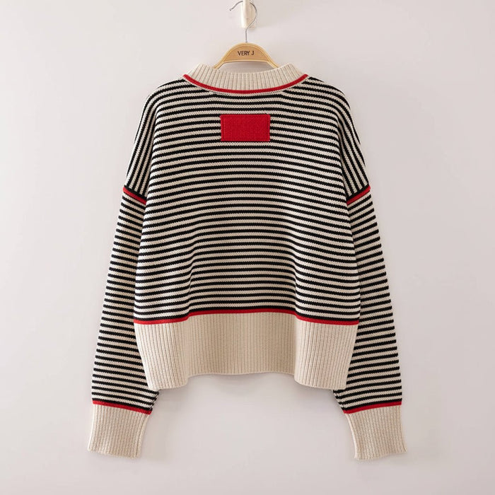 Contrast Trim Stripe Knit Sweater (2 Color) - 260 Broadway Boutique