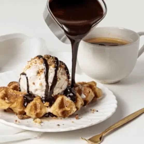 A jar of COOPS COLD BREW MOCHA HOT FUDGE, topped with dripping chocolate, features a bold yellow label on its 10 oz (283.5g) container of rich, handmade chocolate sauce blended with cold brew mocha notes.