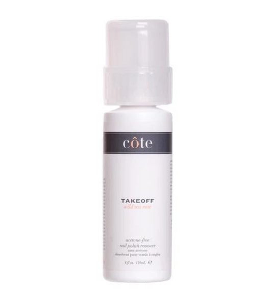 A white 4oz bottle of COTE - TAKE OFF POLISH REMOVER features a gray label, white cap, and "acetone free nail polish remover" on the front.