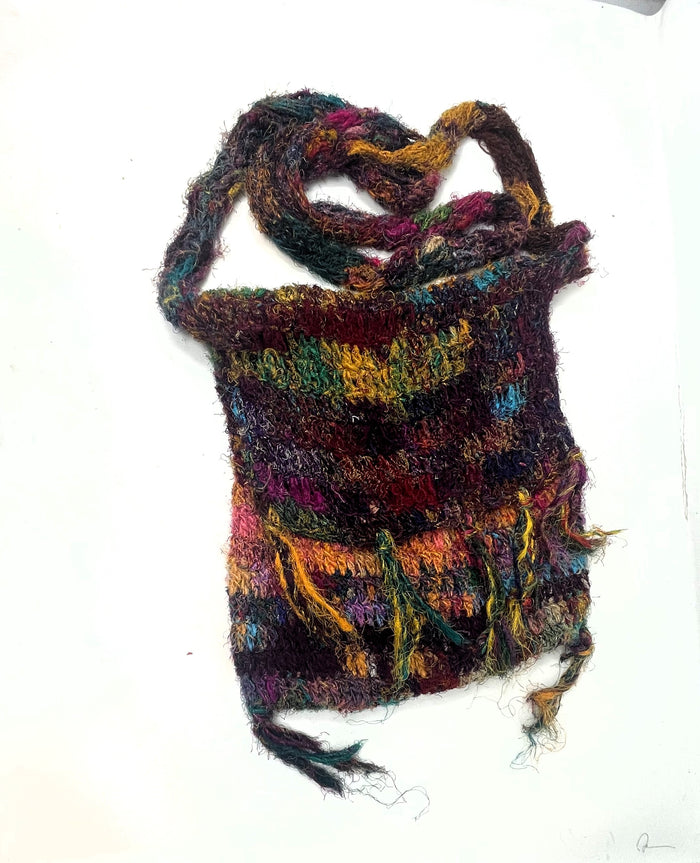 Crochet Silk & Boucle Handbag with Long Shoulder/Crossbody Strap