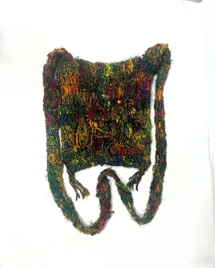 Crochet Silk & Boucle Handbag with Long Shoulder/Crossbody Strap