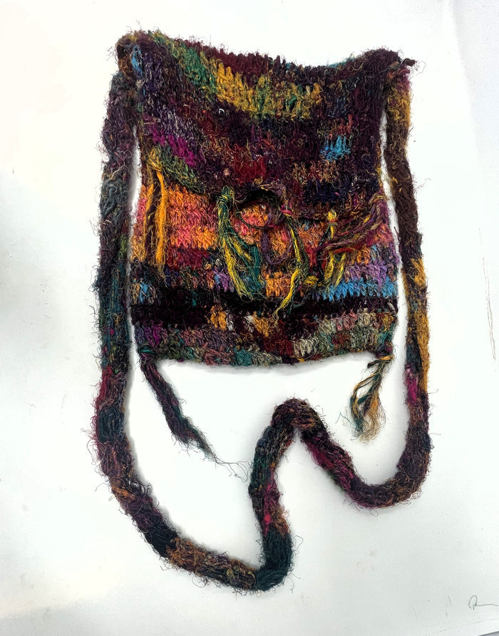 Crochet Silk & Boucle Handbag with Long Shoulder/Crossbody Strap