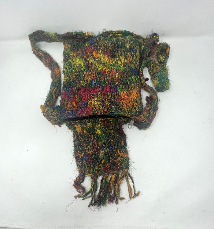 Crochet Silk & Boucle Handbag with Long Shoulder/Crossbody Strap