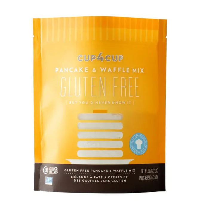 A yellow resealable 907g (32oz) pouch of CUP4CUP Gluten Free Pancake & Waffle Mix features white and blue text, "Gluten Free" label, and is ideal for making pancakes or gluten-free waffles.