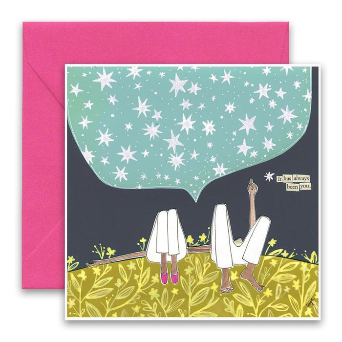 The CURLY GIRL DESIGNS - ALWAYS BEEN YOU CARD by CURLY GIRL DESIGN, INC features collage art of two people on grass under a starry sky with the message "It has always been you." Includes a pink envelope.