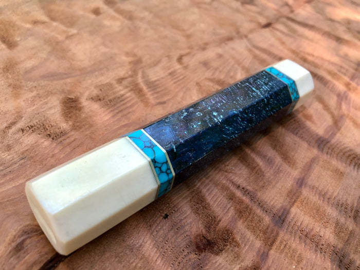 Custom Japanese Knife Handle (Wa Handle) - Inlay Dyed Mango Burl with Turquoise and Faux Ivory