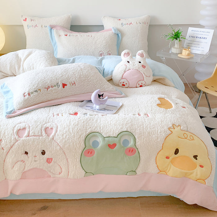 Cute Cartoon Animal Embroidery Lamb Fleece Duvet Cover Set