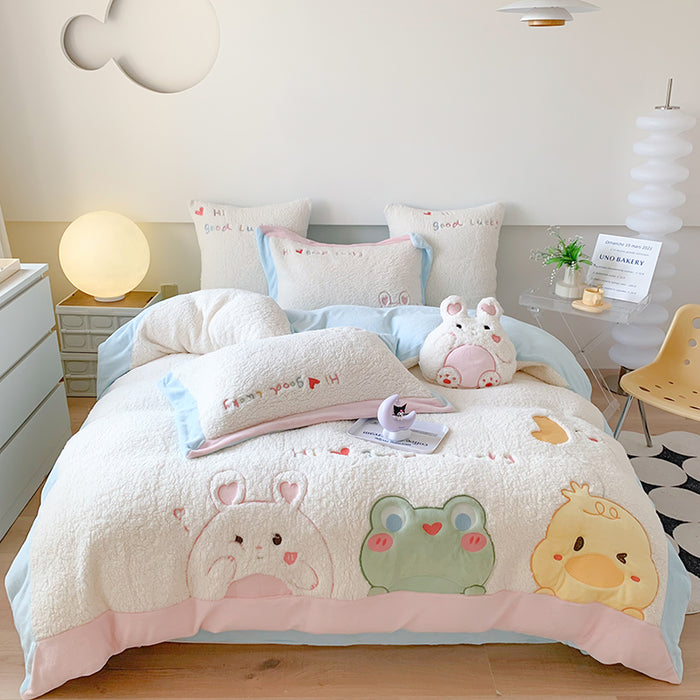 Cute Cartoon Animal Embroidery Lamb Fleece Duvet Cover Set