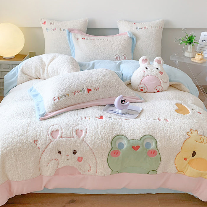 Cute Cartoon Animal Embroidery Lamb Fleece Duvet Cover Set