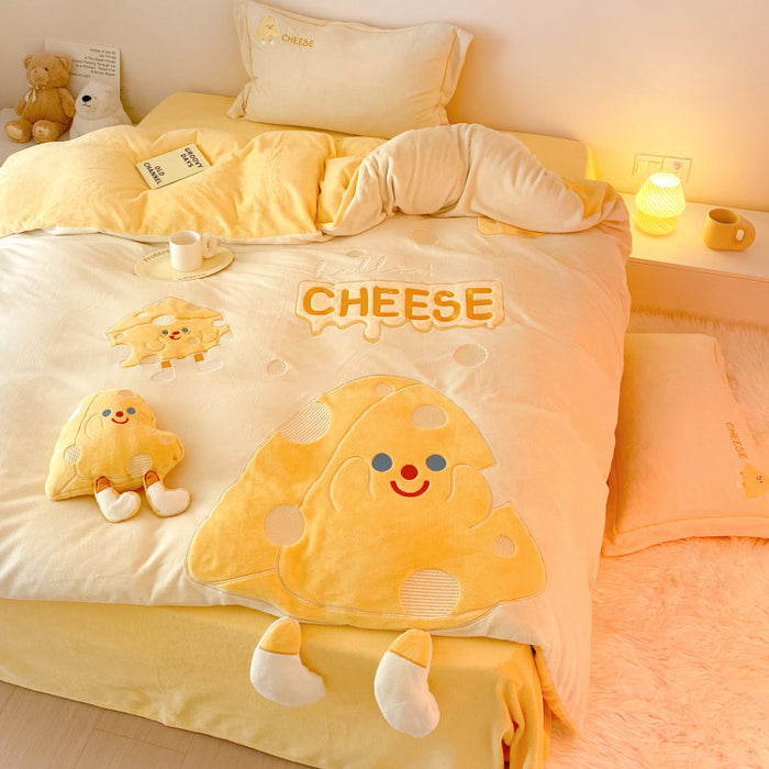 Cute Cartoon Cheese Embroidery Milk Velvet Duvet Cover Set