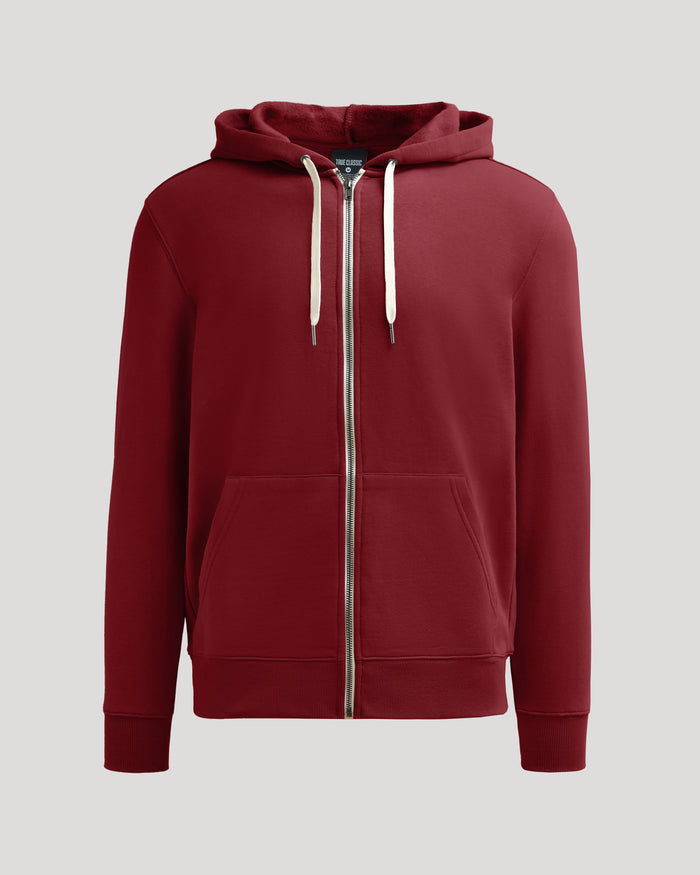 Dark Maroon Fleece French Terry Zip Hoodie with drawstrings and pockets.