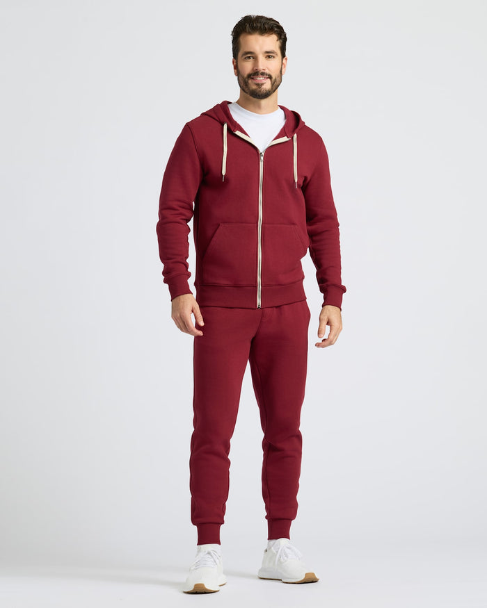 Man wearing Dark Maroon Full Zip Fleece Hoodie & Jogger 2-Pack.