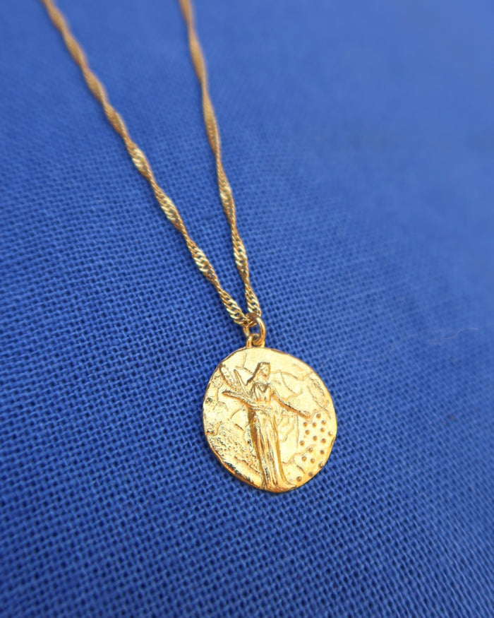 Gold pendant necklace with Greek Goddess Demeter holding grains stalks on a twisted Singapore chain made in Greece, Greek mythology jewelry