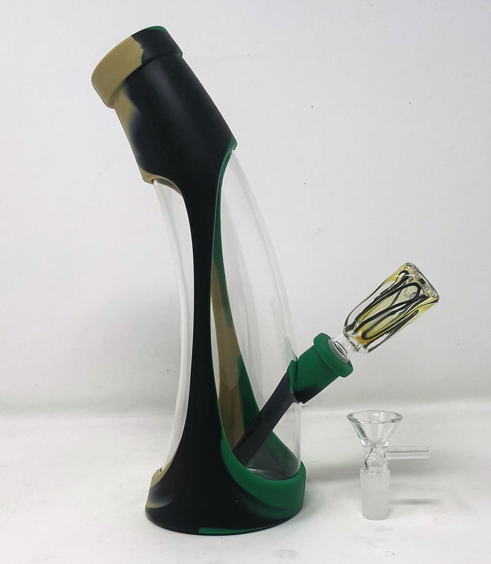 Detachable Silicone & Thick Glass 9" Horn Best Water Bong 2 - 14mm Bowls