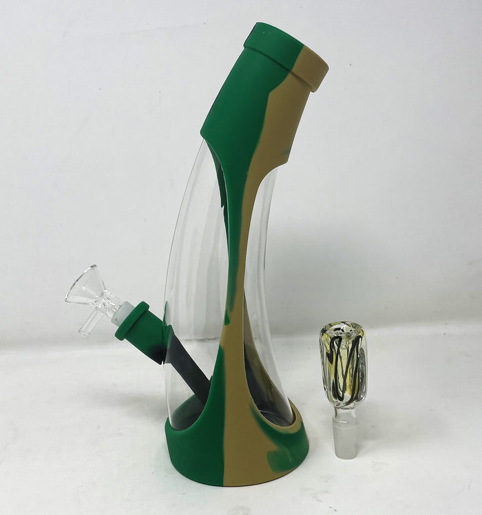 Detachable Silicone & Thick Glass 9" Horn Best Water Bong 2 - 14mm Bowls
