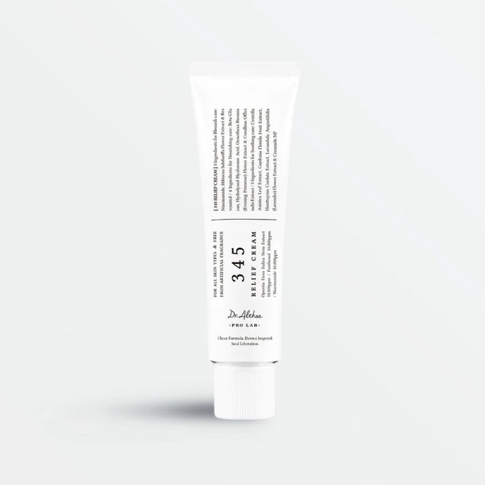 A white tube of "DR ALTHEA - 345 RELIEF CREAM" from GLOWISS stands upright against a light gray background. The tube, labeled "345," features black text detailing the product and brand, promising acne relief with niacinamide skincare benefits.