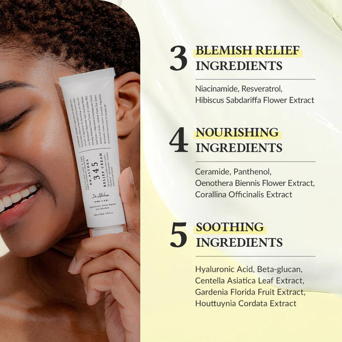 A white tube of "DR ALTHEA - 345 RELIEF CREAM" from GLOWISS stands upright against a light gray background. The tube, labeled "345," features black text detailing the product and brand, promising acne relief with niacinamide skincare benefits.