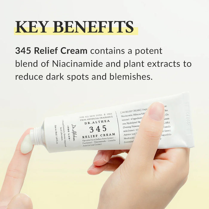 A white tube of "DR ALTHEA - 345 RELIEF CREAM" from GLOWISS stands upright against a light gray background. The tube, labeled "345," features black text detailing the product and brand, promising acne relief with niacinamide skincare benefits.