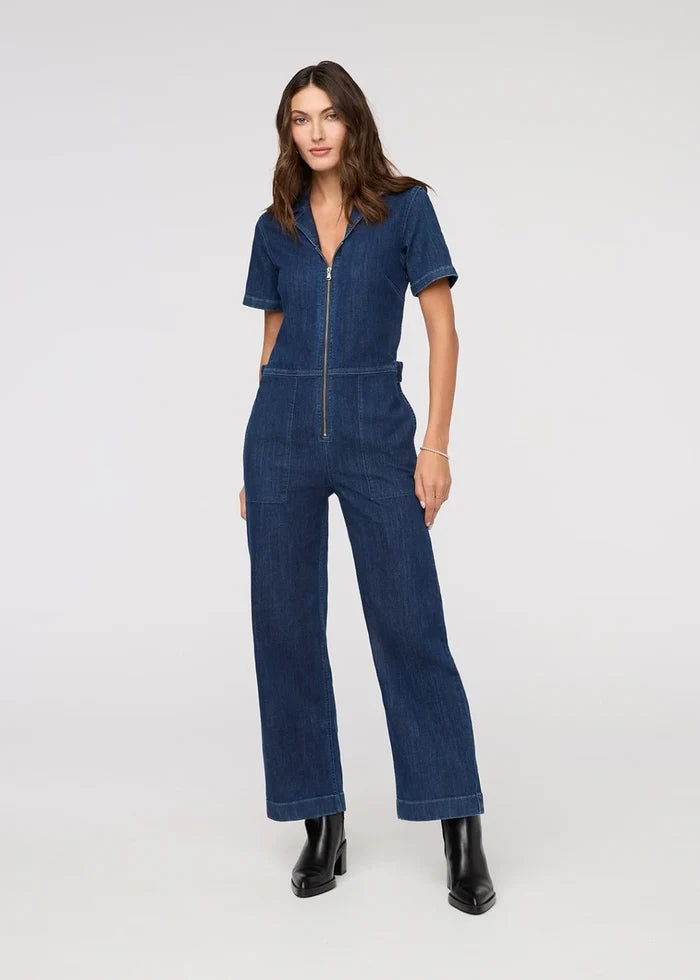 DU/ER PERFORMANCE DENIM SHORT SLEEVE JUMPSUIT