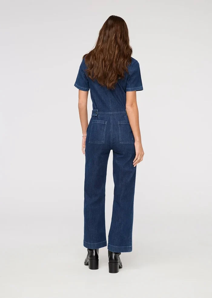 DU/ER PERFORMANCE DENIM SHORT SLEEVE JUMPSUIT
