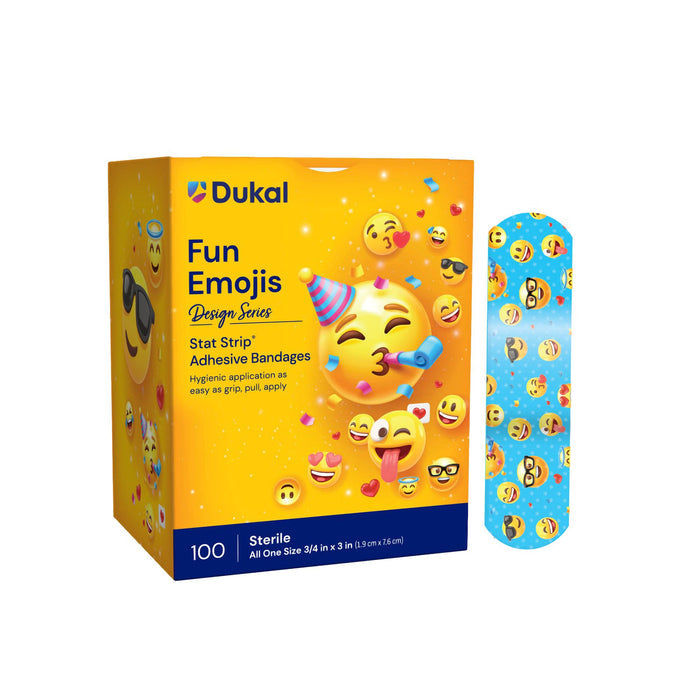 Dukal Fun Emojis Design Series Stat Strip Adhesive Bandages, Sterile, 3/4 x 3 Inch