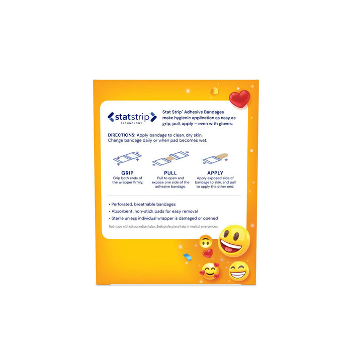 Dukal Fun Emojis Design Series Stat Strip Adhesive Bandages, Sterile, 3/4 x 3 Inch
