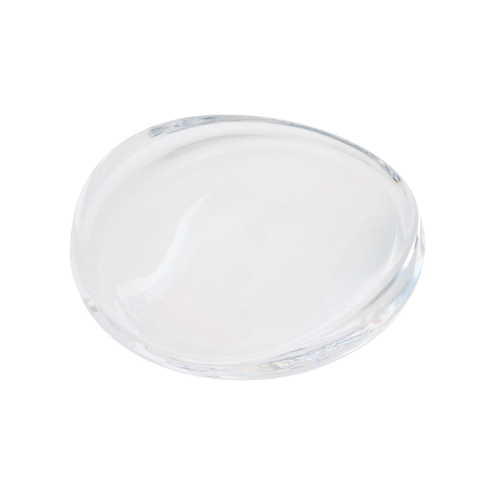 Dune Bowl Small Clear glass decorative bowl, side view showing its low profile, gently sloping shape and fluid raised edge.