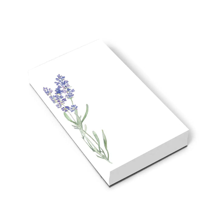 The E. FRANCES - LAVENDER MARKET NOTEPAD by E. FRANCES PAPER is a tall, rectangular white notepad made in the USA, featuring a watercolor illustration of purple lavender with green stems in the bottom left corner. The rest is blank.