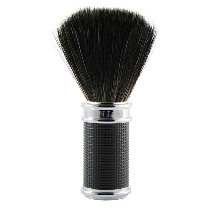 Black synthetic shaving brush with textured handle for grooming