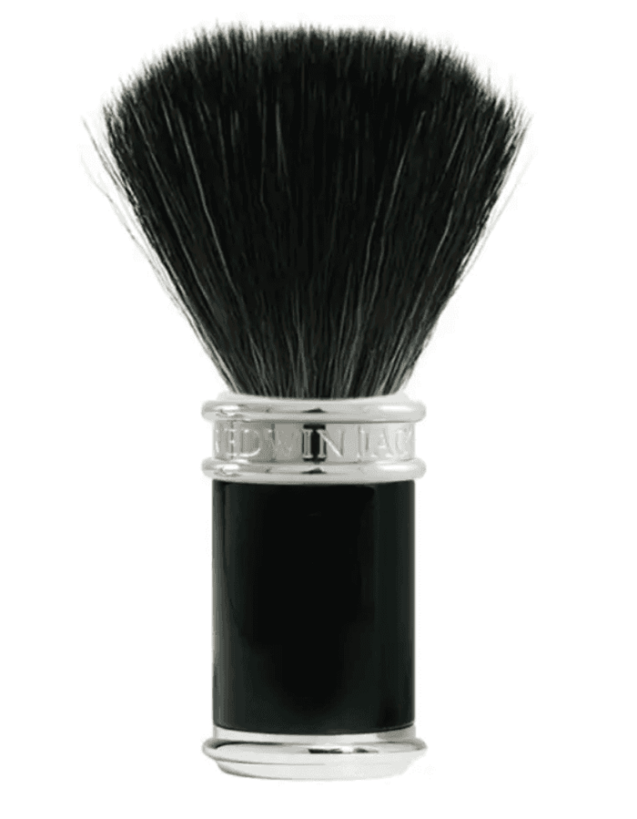 Black synthetic shaving brush with chrome and black handle for grooming