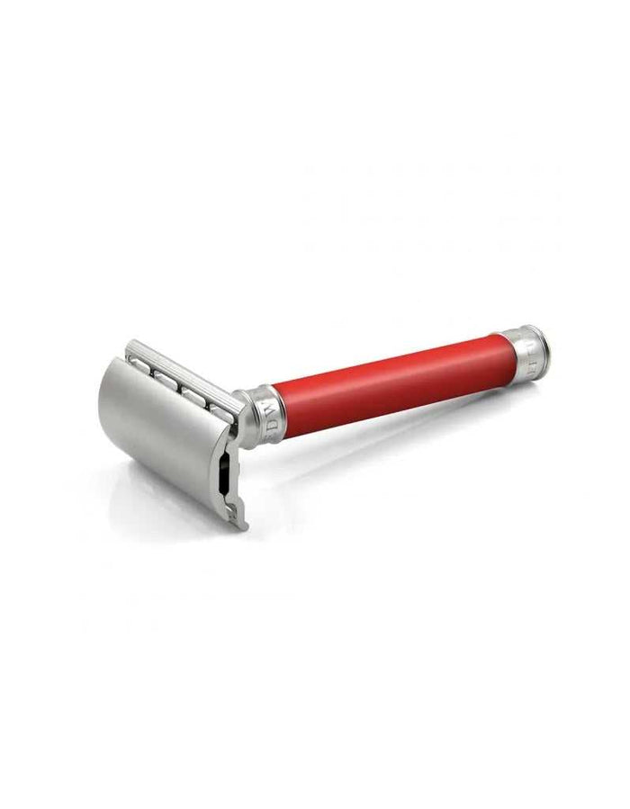 Red stainless steel Edwin Jagger safety razor with ribbed handle