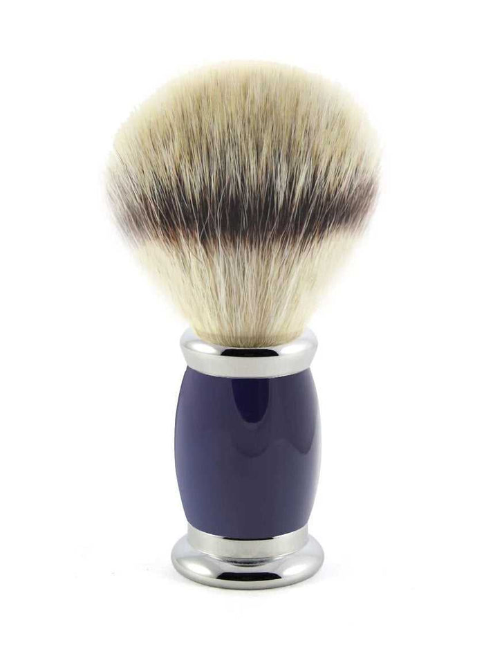 Bulbous blue synthetic silver tip shaving brush with silver accents