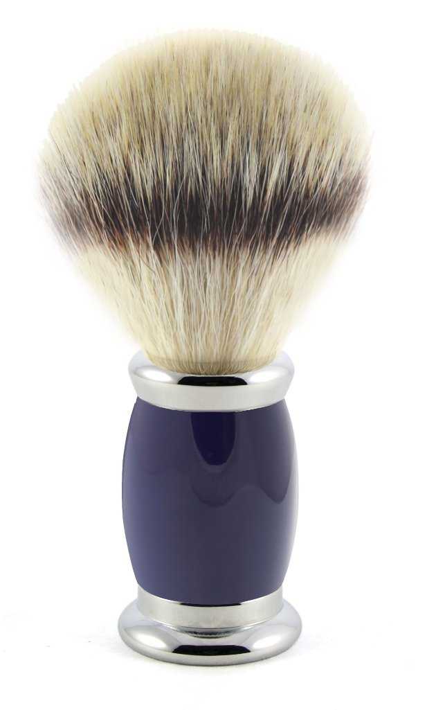 Close-up of bulbous blue synthetic silver tip shaving brush with dense bristles