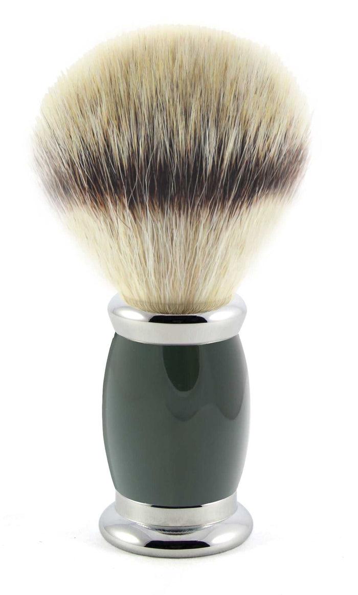 Close-up of synthetic bristles on green shaving brush for personal care