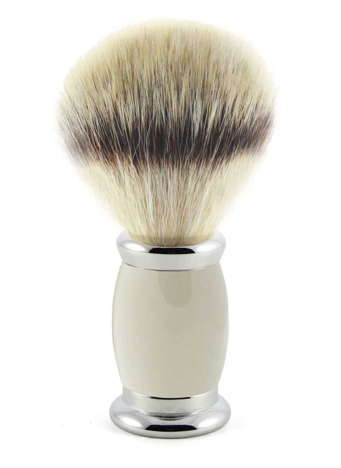 Bulbous grey synthetic silver tip shaving brush with cream handle