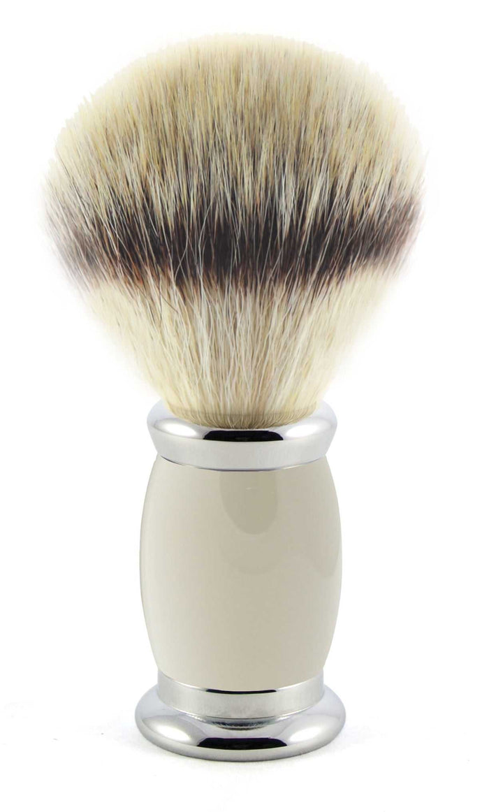 Close-up of synthetic bristles on silver-tipped shaving brush
