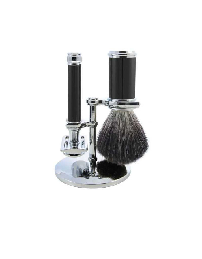 Edwin Jagger Black Chrome shaving set with safety razor, synthetic brush, and stand