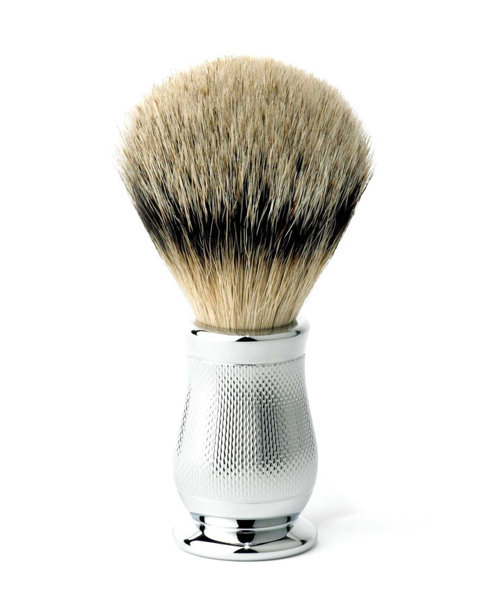 Edwin Jagger CBASBST Chatsworth Barley Silver Tip Badger Shaving Brush on a metallic stand
