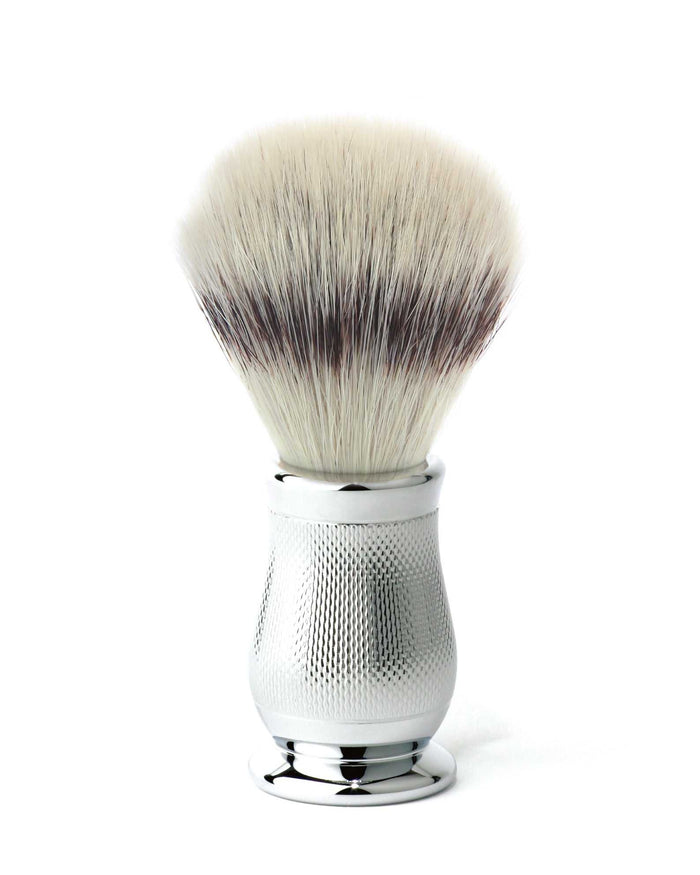 Shaving brush with synthetic silver tip bristles on metallic holder